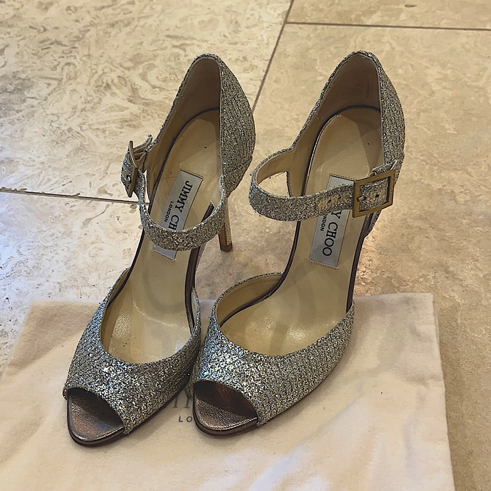 Jimmy Choo Champagne Silver MaryJane Glitter Pumps